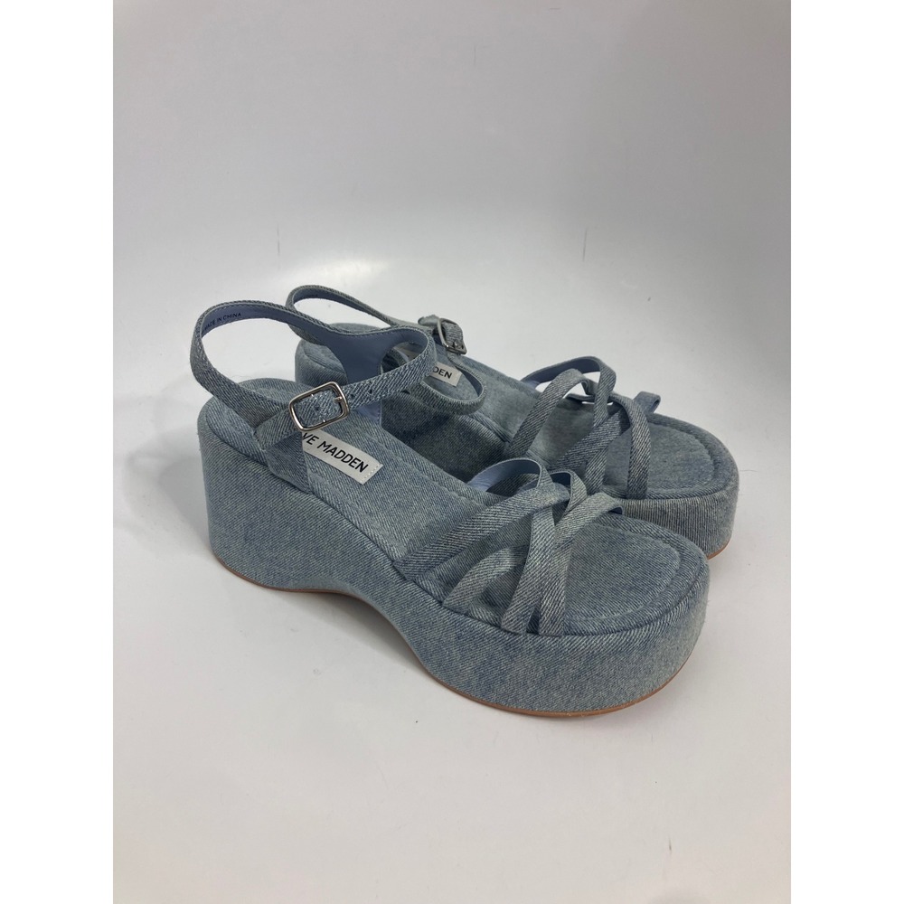 Steve Madden Platform Sandals Women 7.5 Blue Good Denim Strappy Wedge CRAZ04S1